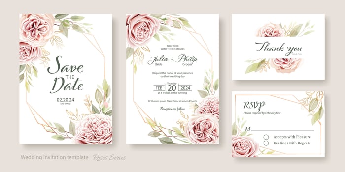 Wedding Invitation card template.  Juliet rose and eucalyptus leaves vector