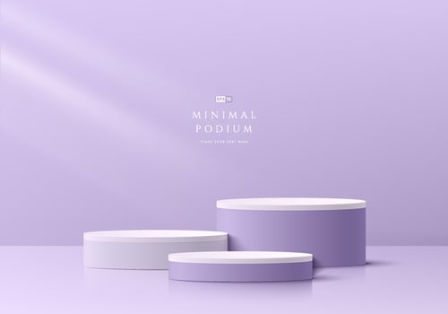 Abstract lavender 3D room with set of realistic purple, white cylinder pedestal podium. Minimal scene for product display presentation. Geometric forms design. Round stage for showcase. Vector EPS10
