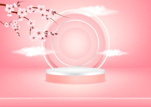 Abstract pink studio background podium scene with leaf geometric platform, Mirror reflecting the sky clouds and sakura for cosmetic product. 3D Vector illustration. Art minimal style concept.