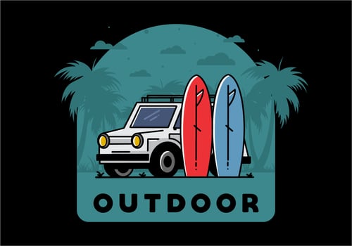 Small car and two surfboards illustration vector