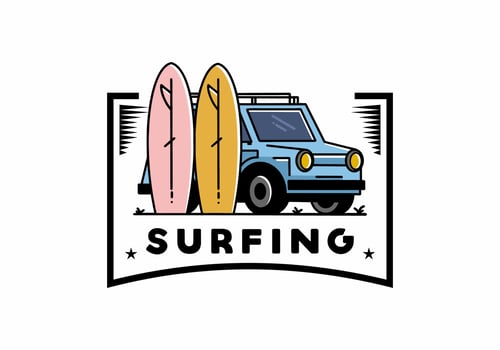 Small car and two surfboards illustration vector
