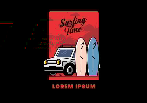 Small car and two surfboards illustration vector