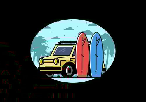 Small car and two surfboards illustration vector