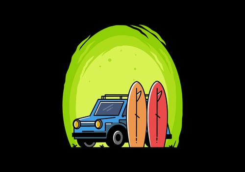 Small car and two surfboards illustration vector