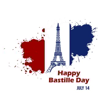 French National Day celebrate brush stroke banner with France national flag colors. Greetings Happy Bastille Day. Vector illustration.