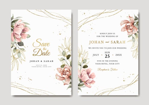 Wedding invitation template with peony and gold leaves vector