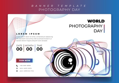 Banner template in white background with illustration of camera in red blue line art design vector