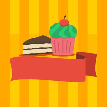 Editable Vector of Cakes and Blank Ribbon Banner with Yellow Lines Background for Cake Shop Marketing and Food Related Design