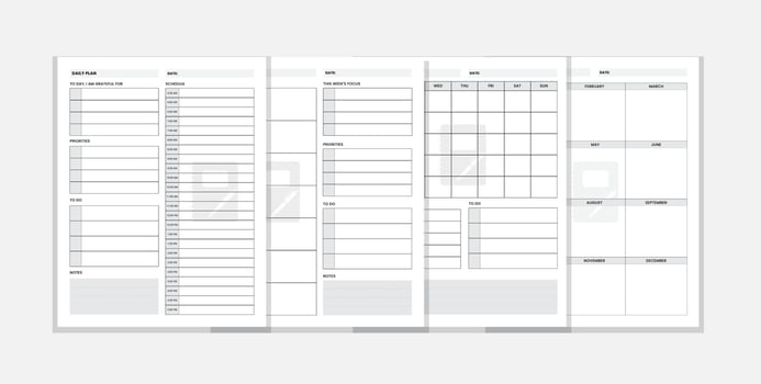 Daily, monthly, weekly and year plan template set. Planner notebook organizer for personal and work issues vector