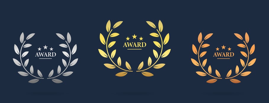 Gold Bronze Silver Champion Prize Chaplet Achievement Silhouette Icon Set on Dark Background. Laurel Wreath Twig Leaf Olive Branch Reward Pictogram. Victory Emblem. Isolated Vector Illustration