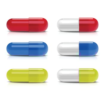 3d realistic vector collection of different colorful capsules. Icon isolated illustration on white background.