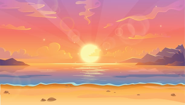 Vector cartoon illustration of ocean landscape in sunset or sunrise with beautiful pink sky and sun reflection over the water.  Beautiful nature with beach.