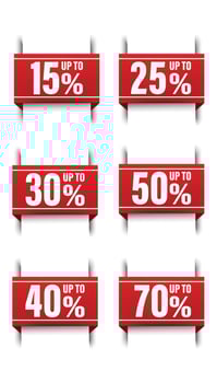 Big vector collection of icon illustrations of red ribbon banners, sale bookmark of up to 50, 15, 25, 30, 40, 70 percent off.
