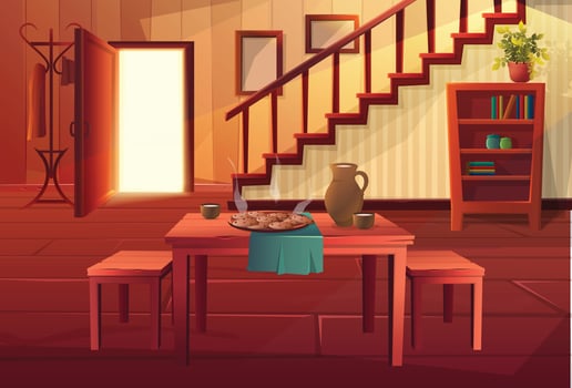 Vector cartoon style illustration of house interior. Entrance open door with stairs and rustic vintage furniture and wooden floor. Dining table with hot meal on it.
