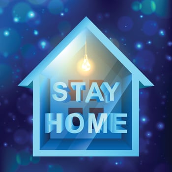 Vector icon Covid-19, coronavirus outbreak design template with little house with soft light and stay at home sign. Isolated on white background, home sticker symbol.