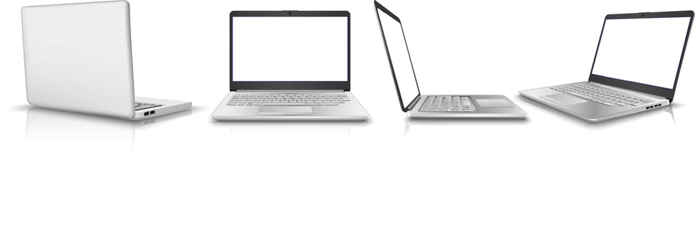 big 3d realistic vector collection of laptop in side, front, back and 4 view. Isolated on white background. Perfect for your advertisement.