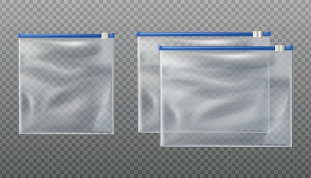 3d realistic vector blue zip slider bags. Empty mockup pouches in different sizes on background.