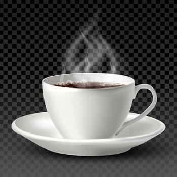 Isolated 3d realistic white porcelain cup with tea or coffee inside and a plate on white background. vector