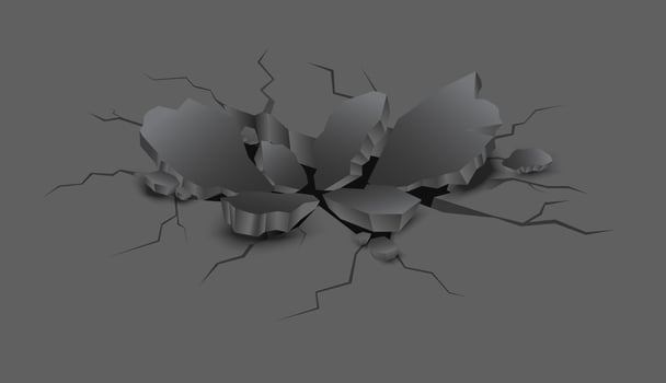 Vector realistic black crack in earth with pieces of stones.