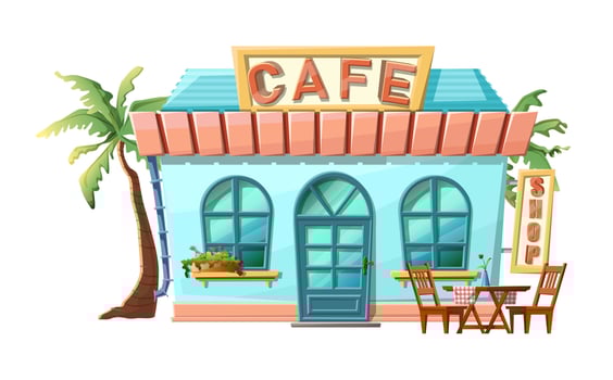 Vector cartoon style of cafe front  shop view. Isolated on white background with green palms, dinning table and chairs.