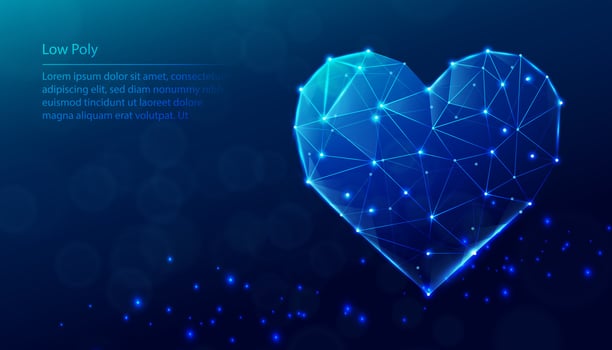 Vector tech low poly blue background. Low poly heart shape.