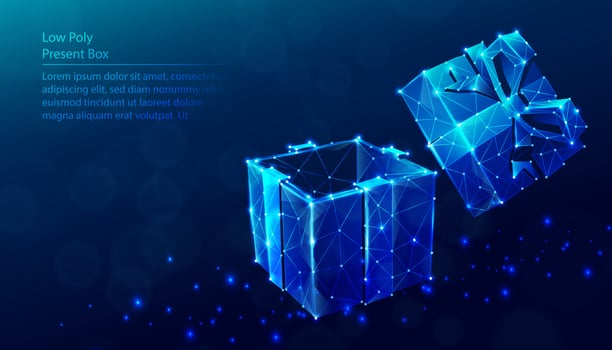 Vector low poly polygonal background of present box.