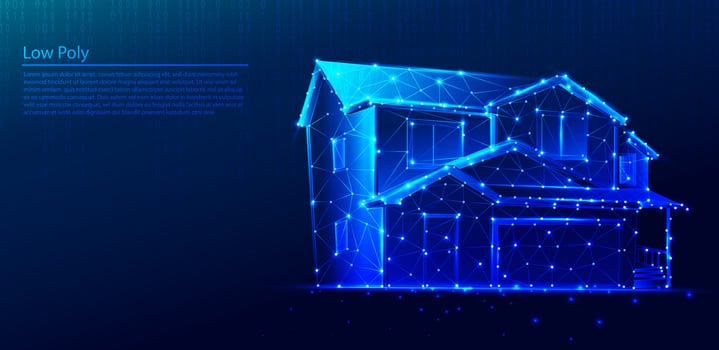 Polygonal mansion or house on dark blue tech background, triangles and particle style design. vector