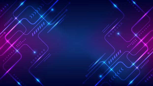 Abstract technology connection data concept circuit lines board with nodes and geometric elements lighting effect on blue background vector