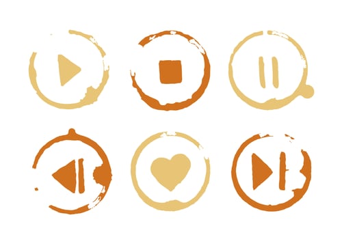 Vector Coffee cup spots with media player picture. Dirty cup splash six rings stain or coffee stamp. Illustration for cafe design