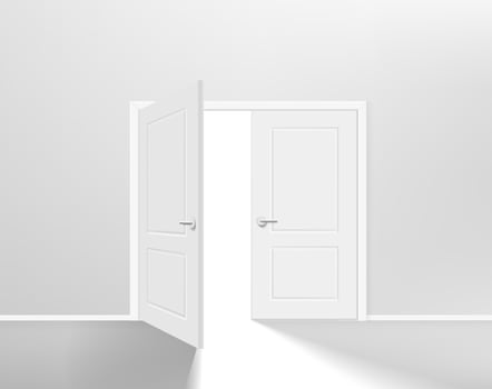 Illuminated white interior with opened door and shining. 3d vector illustration