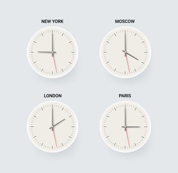 Different time in world cities. 3d vector clipart isolated on white