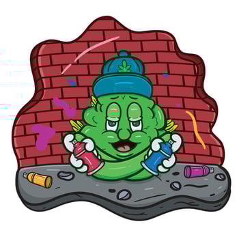 Cartoon Mascot Of Weed Bud With Man Spray Paint Style On Wall. vector
