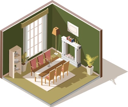 Isometric vector low poly dining room interior.