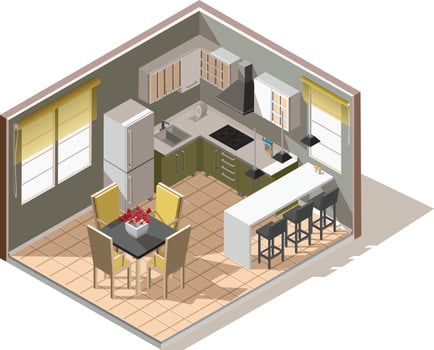 3d  vector low poly isomeric kitchen icon with kitchen appliances and modern design furniture.