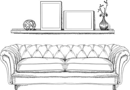 Vector hand drawing modern interior sketch. Living room with sofa furniture and accessories, painting.