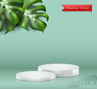 3d realistic vector background. Product display white podium, cosmetic product showcase with tropical leaves.