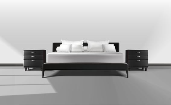 3d realistic illustraton. Interior design. King size bed frame with matress, linen and cushons with bedside tables. vector