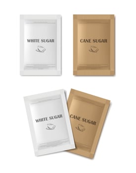 3d realistic vector icon illustration. Rectangular sugar sachet. Cane and white sugar.