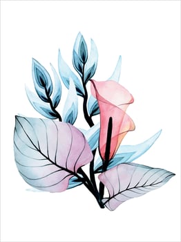 bouquet, composition of watercolor transparent flowers. isolated on white background tropical flowers heliconia, calla lilies, leaves, pink and blue colors. vector