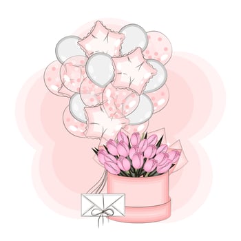 Cute balloons with tulip flowers and a letter, fashion vector illustration