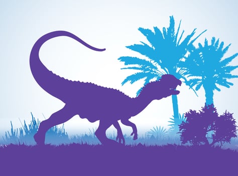Dilophosaurus Dinosaurs silhouettes in prehistoric environment overlapping layers decorative background banner abstract vector illustration