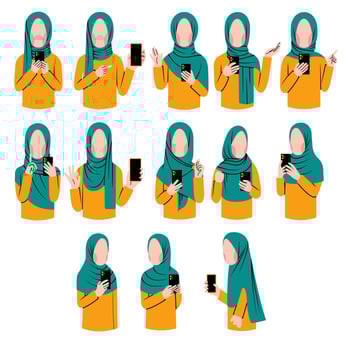 Set of muslim woman character holding phone vector