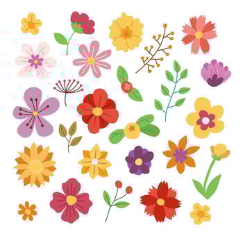 Vintage Set of Cute Flower, Foliage Collection with colorful floral Botanical bundle Elements. Nature of plants garden. Hand drawn Flat Style, suitable for wedding invitation or banner template vector