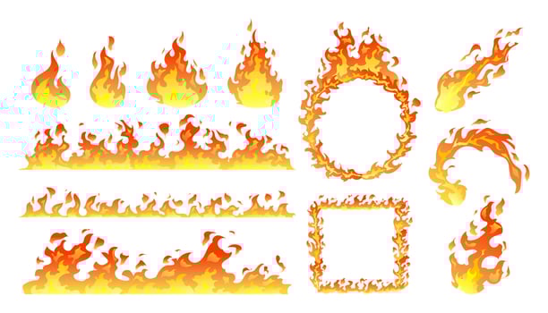 Collection of fire flames, burning bonfire, fireball, heat wildfire, burning effect cartoon illustration vector