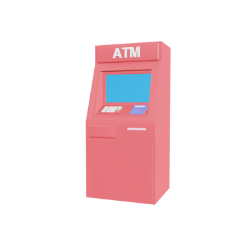 Orange ATM machine business technology concept,  abstract cartoon style, 3d render illustration png