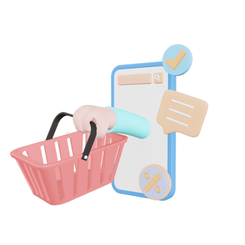 shopping online app concept.  A smartphone with an arm holding a basket shopping. Bright and colorful. business online png