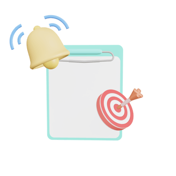 Clipboard, and notification bell, with copy space, efficient work  alarm concept, set goals. 3D illustration png