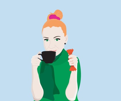 A red-haired girl drinks coffee or tea vector