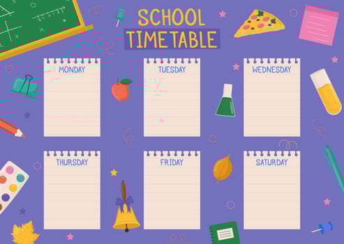 Cute childish school timetable, weekly classes schedule for kids with school supplies. Printable planner, diary for student. Stationery set for children. To Do List. vector