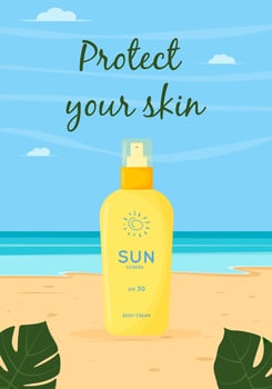 Skin care product. Sun safety, UV protection spray. Tube of sunscreen product with SPF. Summer cosmetic. vector